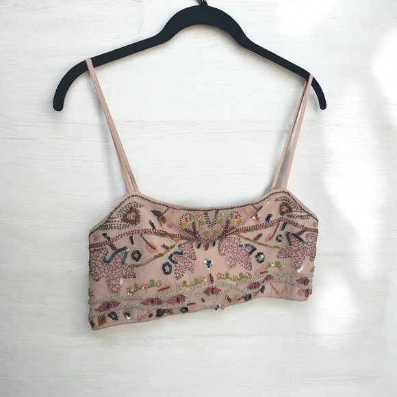 Zara Embroidered sparkly beaded Beige Crop Top mesh fairycore summer L - Picture 1 of 5